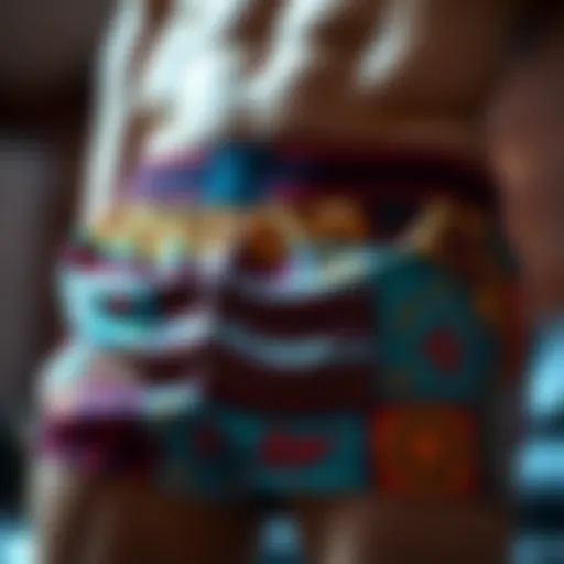 A close-up of boxer shorts with intricate patterns and vibrant colors
