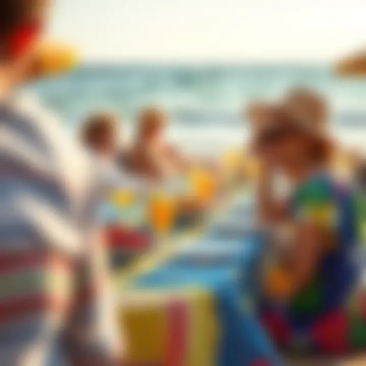 A beach picnic scene featuring colorful tablecloths