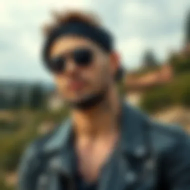 A stylish biker sporting a doo rag against a scenic backdrop