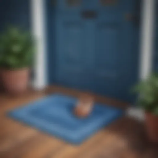 Elegant blue welcome door mat on a vibrant porch