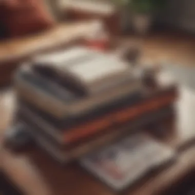 An artistic arrangement of books on a coffee table.