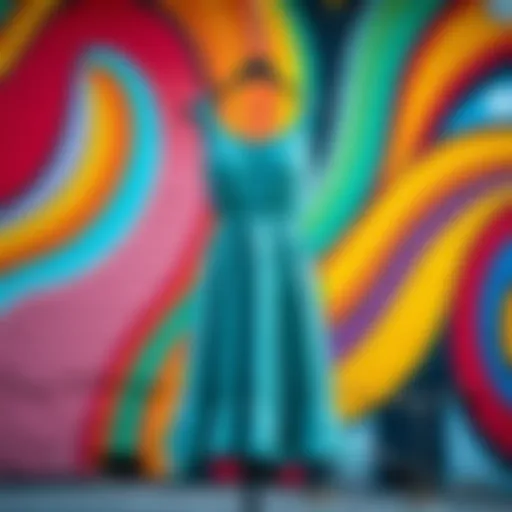 A vibrant dress displayed against a colorful street mural.