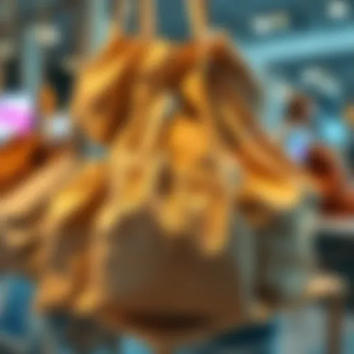 Stylish burlap bag with drawstring on display