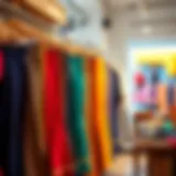 Vibrant collection of colorful flare pants displayed in a boutique