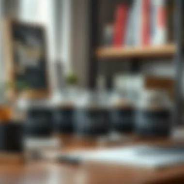 Chalk labeled jars used for storage in a stylish home office