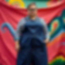 A stylish plus size denim pinafore showcased against a vibrant background