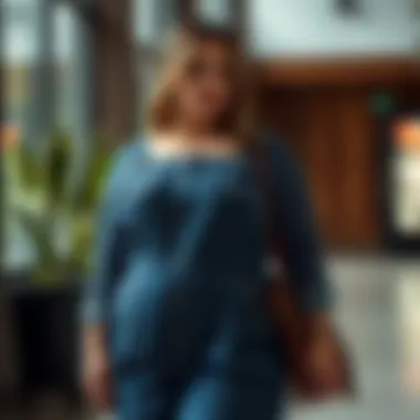 An elegant plus size denim pinafore styled with complementary accessories in a modern setting
