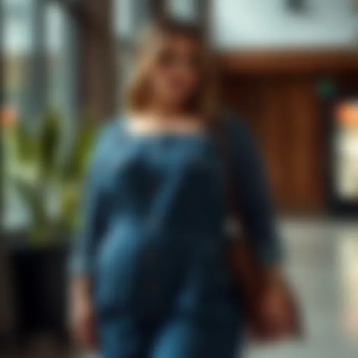An elegant plus size denim pinafore styled with complementary accessories in a modern setting