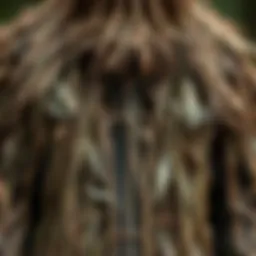 Detailed view of a ghillie suit showing intricate design and texture