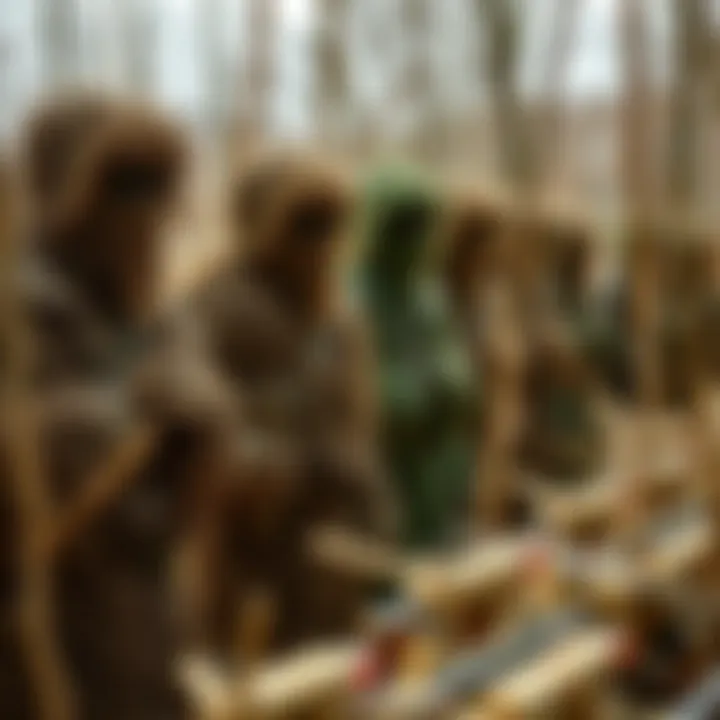 A variety of ghillie suits displayed for comparison