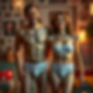 A couple joyfully wearing matching underwear in a whimsical setting.