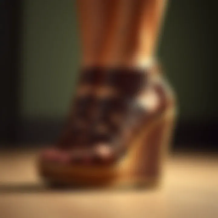 Elegant pair of cut out wedge sandals showcasing intricate designs