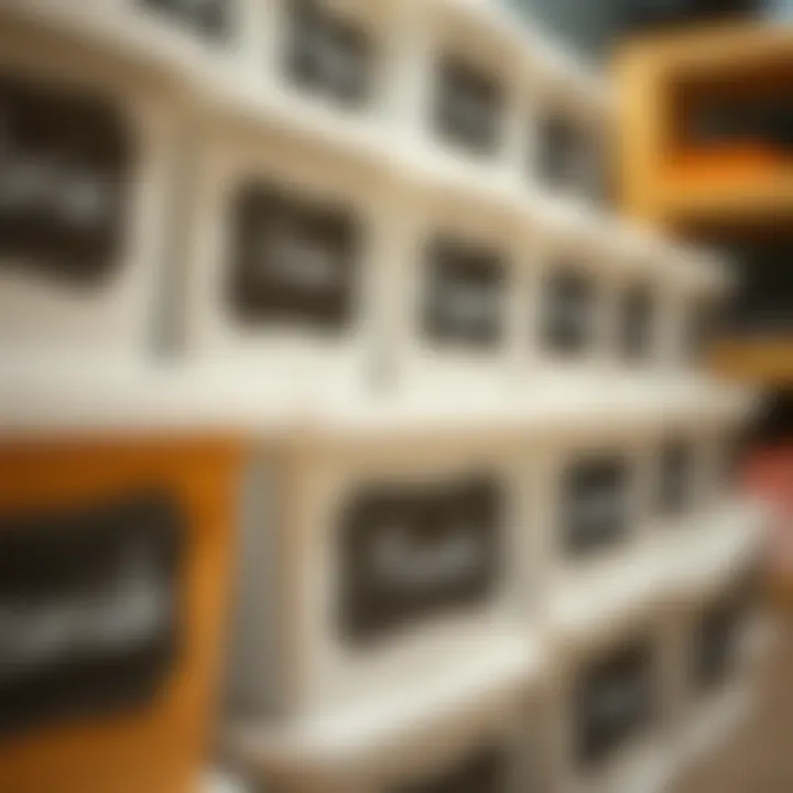 Close-up view of chalkboard labels on neatly arranged storage bins