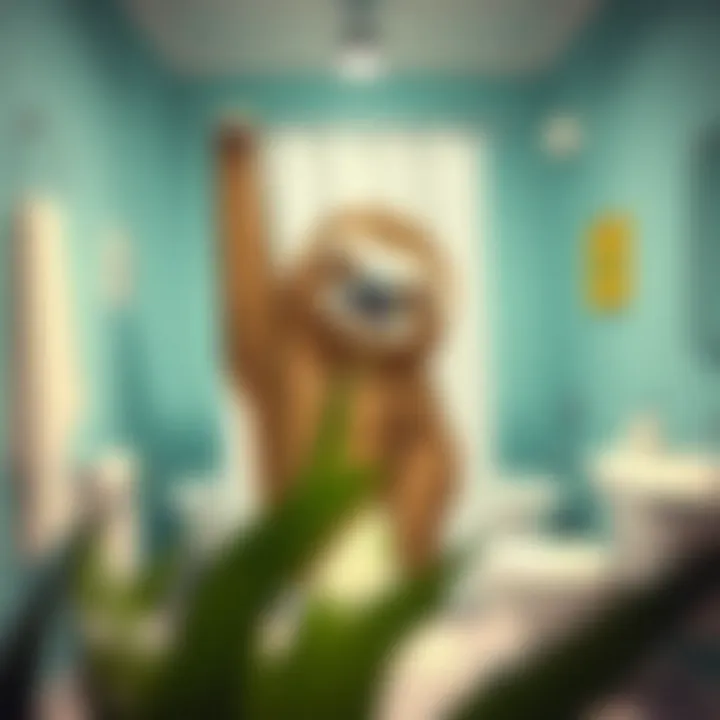 A sloth shower curtain captured in a playful, bright bathroom environment
