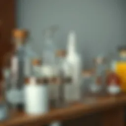 A collection of elegant apothecary jars on a wooden shelf showcasing various shapes and sizes