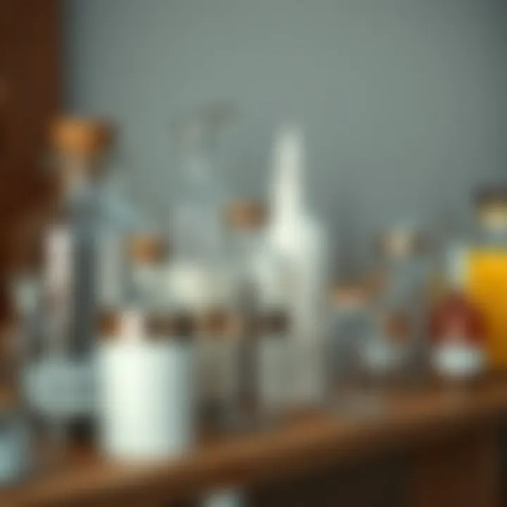 A collection of elegant apothecary jars on a wooden shelf showcasing various shapes and sizes