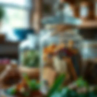 A close-up of a beautifully crafted glass apothecary jar filled with colorful herbs and spices