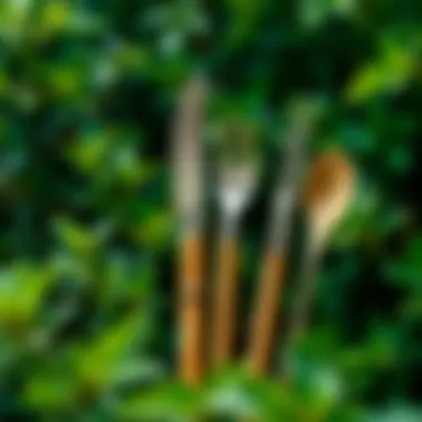Embracing Nature with Eco-Friendly Utensils Bamboo handle silverware against a backdrop of lush greenery