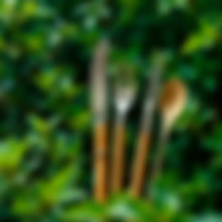 Embracing Nature with Eco-Friendly Utensils Bamboo handle silverware against a backdrop of lush greenery