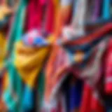 A vibrant collection of belly dance hip scarves displayed in various colors and patterns