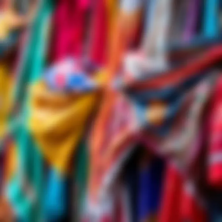 A vibrant collection of belly dance hip scarves displayed in various colors and patterns