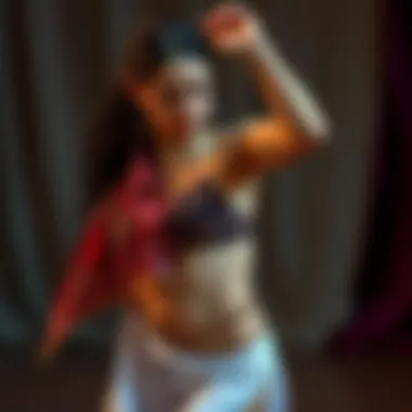 A seasoned dancer showcasing intricate movements while adorned with a beautifully embellished hip scarf