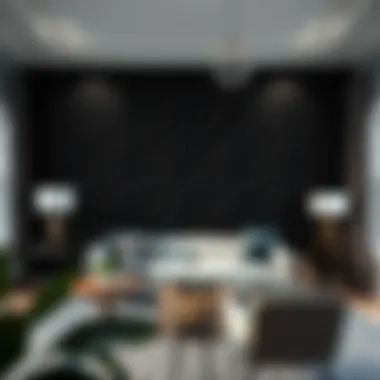 Dramatic accent wall created with black self-adhesive wallpaper in a contemporary space