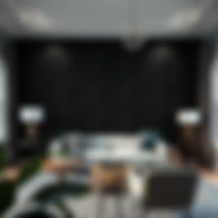 Dramatic accent wall created with black self-adhesive wallpaper in a contemporary space