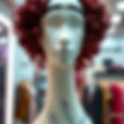 Stylish burgundy curly headband wig displayed on a mannequin