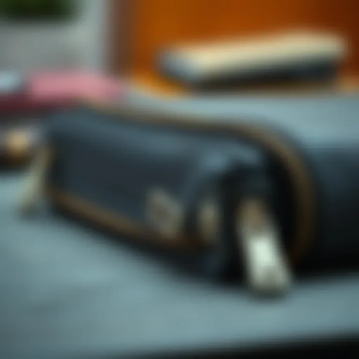 Durable materials of a double zipper wallet organizer displayed with a focus on texture and quality.