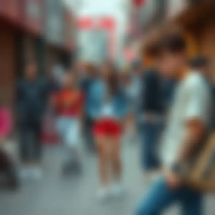 A street scene filled with teenagers expressing themselves through their distinct fashion choices.