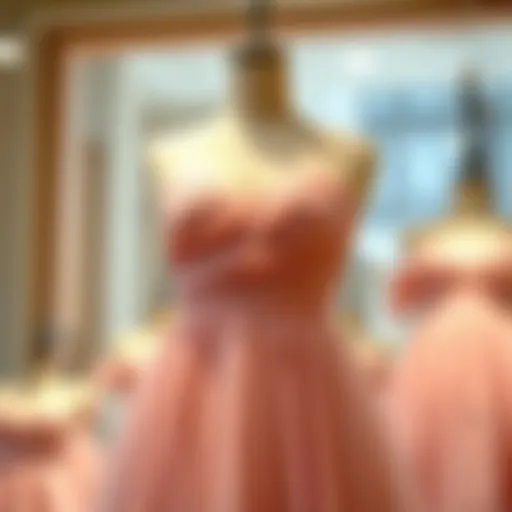 Elegant dusty rose bridesmaid dress on a mannequin showcasing fabric detail