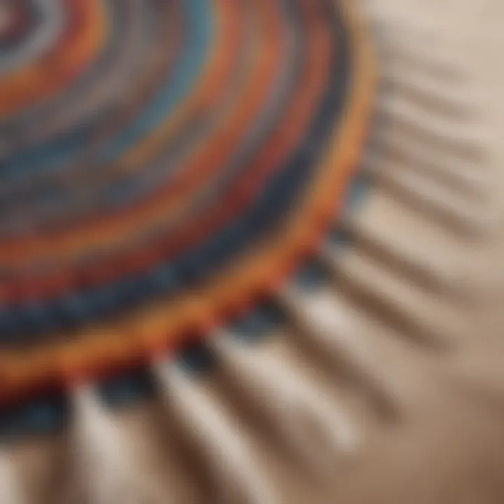 Close-up of fringe details on a luxurious round beach blanket