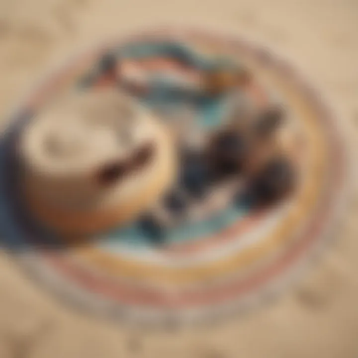 Stylish round beach blanket folded next to a beach bag and sunglasses
