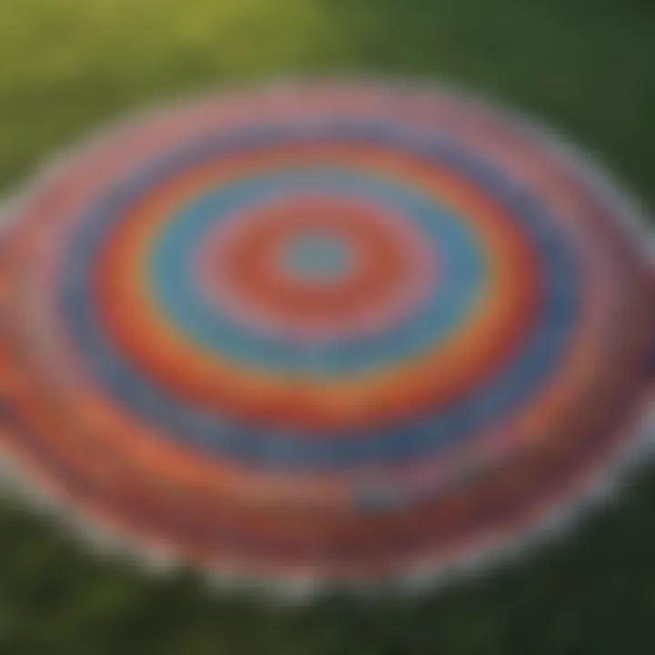 A vibrant collection of round beach blankets laid out on grass