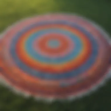 Colorful Round Blankets on Display A vibrant collection of round beach blankets laid out on grass