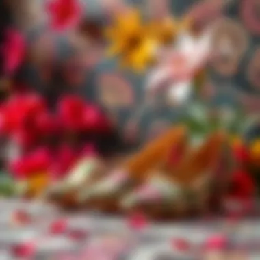An artistic display of floral pattern shoes against a backdrop of seasonal flowers
