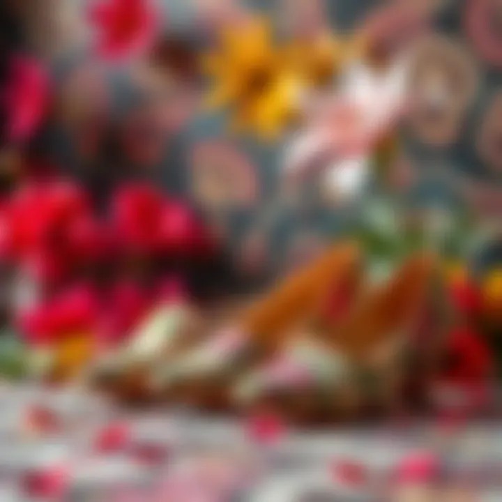 An artistic display of floral pattern shoes against a backdrop of seasonal flowers