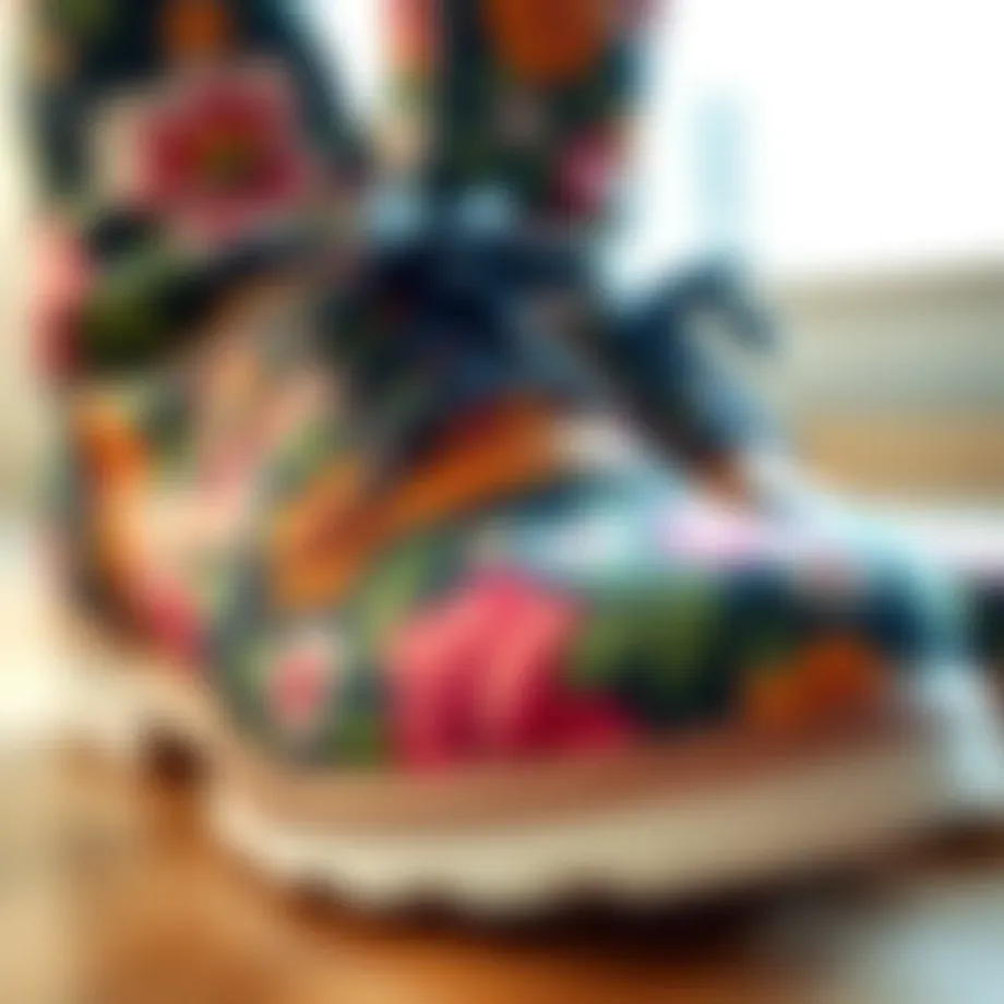 A close-up of vibrant floral pattern shoes highlighting intricate designs and textures