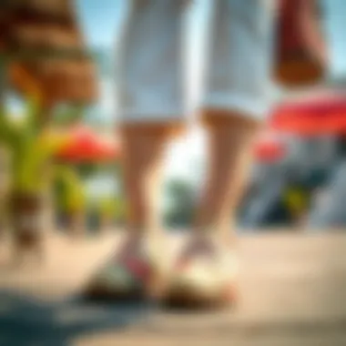 A fashionable individual showcasing floral pattern shoes in a casual outdoor setting