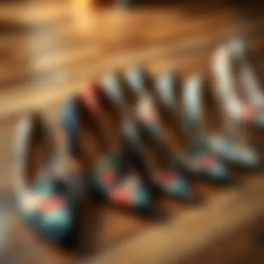 A variety of floral pattern shoes arranged stylishly on a wooden surface