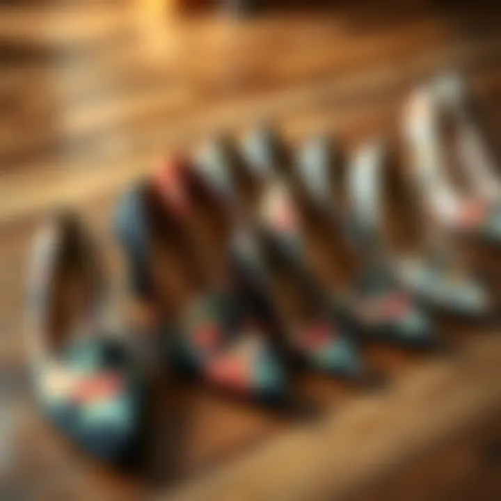 A variety of floral pattern shoes arranged stylishly on a wooden surface