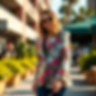 Floral blazer styled for a casual outdoor event