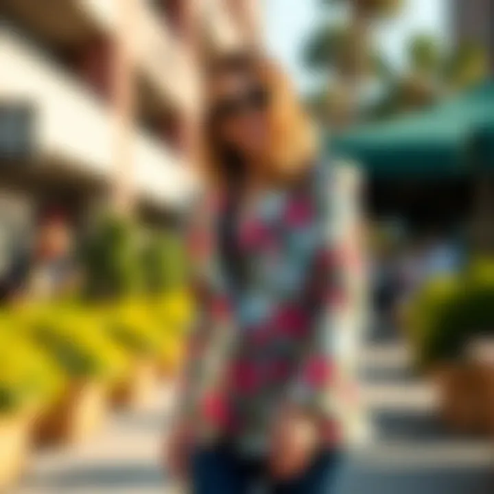 Floral blazer styled for a casual outdoor event