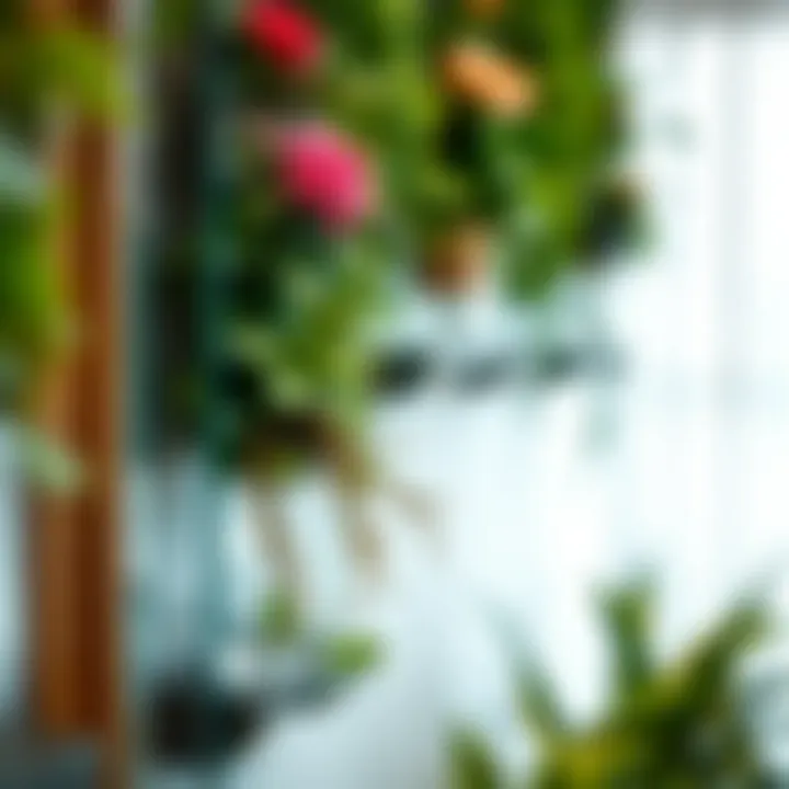 Close-up of a modern glass wall planter showcasing intricate plant arrangements