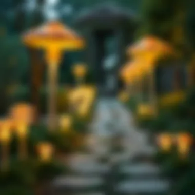 A beautifully lit garden pathway enhanced by mushroom lights