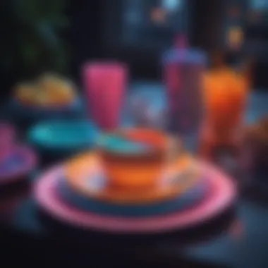 A creative arrangement of neon tableware that enhances the dining experience.