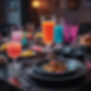 Close-up of neon-themed dining accessories including plates and glasses.