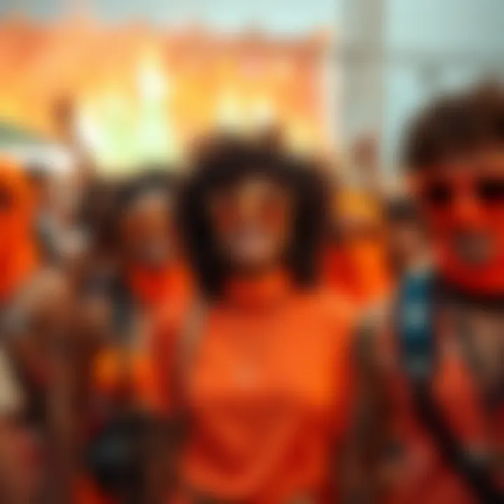 A lively festival scene featuring individuals wearing orange rave sets, capturing the essence of collective expression.