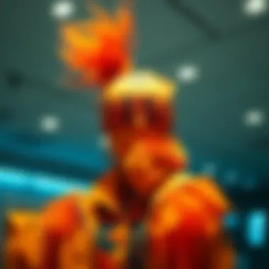 A striking orange rave set displayed on a mannequin, showcasing bold patterns and distinctive cuts.